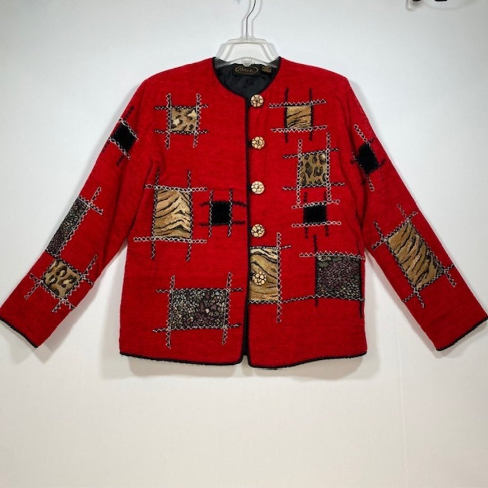 Vintage Alex Kim Red Velvet‎ Feel Embroidered Button Loop Jacket Blazer Size S